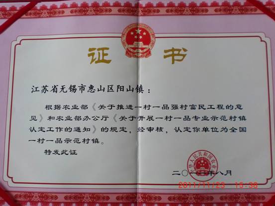 一村一品专业示范镇证书